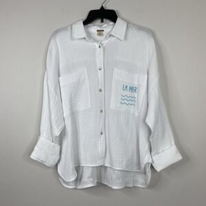 Magaschoni Button Up Tunic Shirt Women Small 'LA MER' Embroidered Organic Cotton